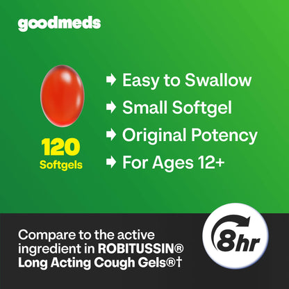 GoodMeds Cough Relief for Adults Softgels Dextromethorphan HBr (DXM) 15mg 8Hour, Non-Drowsy, Long-Lasting Bronchial Suppressant for Dry Cough and Chest Congestion (120 Count)