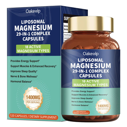 Oakea liposomal magnesium supplement bottle and packaging on a white background