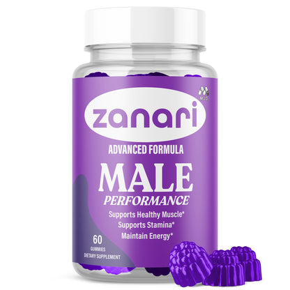 Bottle of Zanari Male Performance supplement with purple packaging on a white background