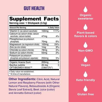 Ultima Replenisher Gut Health Supplement, Raspberry Lemonade, 14 Stickpacks | Daily Zero Sugar Electrolyte Powder Hydration Packets with 6 Key Electrolytes, Prebiotics & Probiotics for Gut Health Support