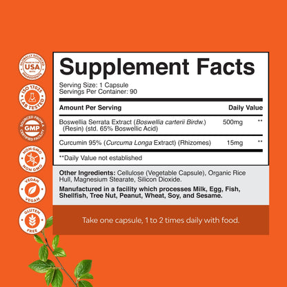 Boswellia Extract Capsules with Turmeric - Advanced Immune Health Support Supplement - Turmeric & Boswellia Serrata Capsules 500mg per Serving for Body Detox & Healthy Joints - 90 Count Natures Craft buy supplements Au