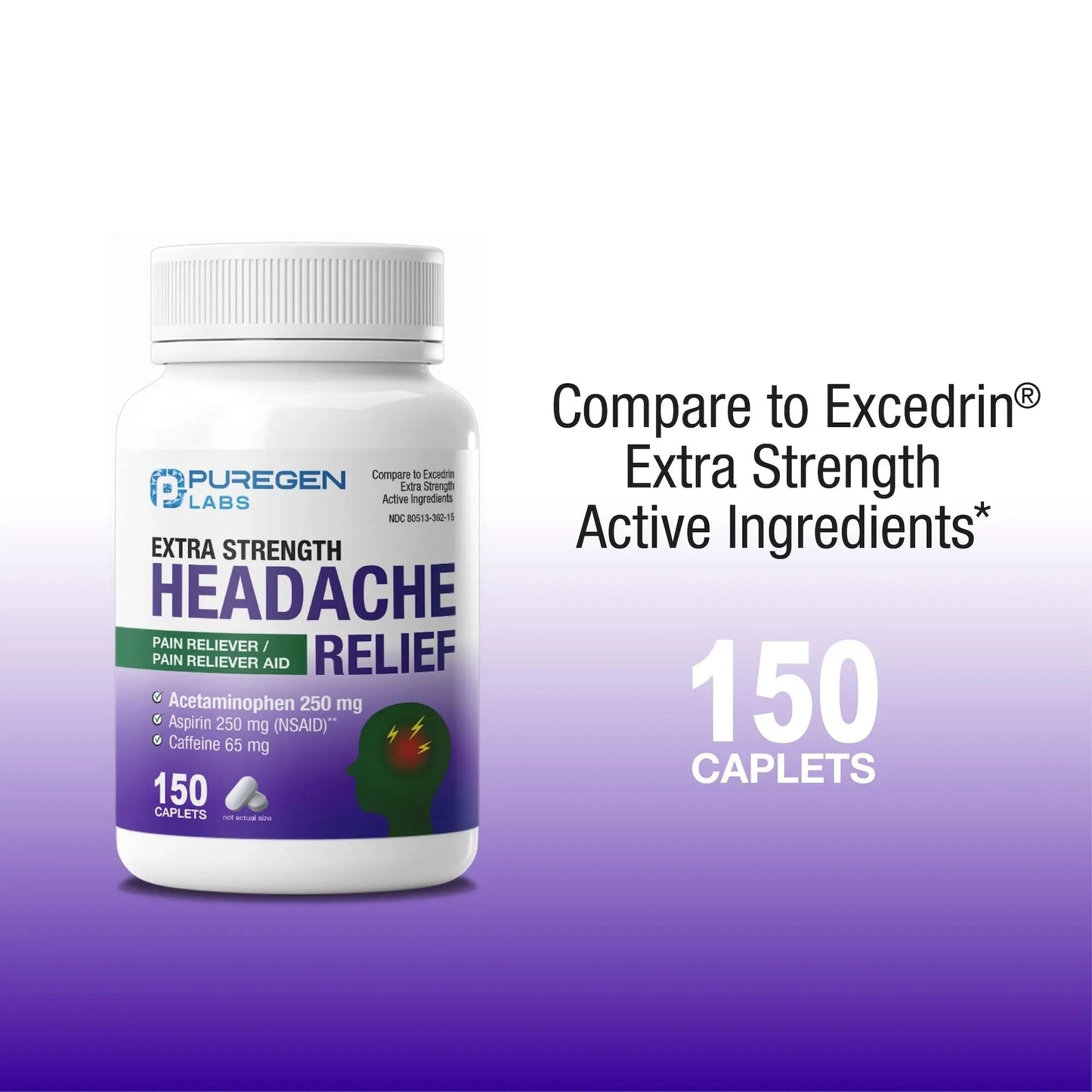 Puregen Labs Extra Strength Headache Caplets, Aspirin 250 mg (NSAID), Caffeine 65 mg, 150 Count P Puregen LabsBuy Supplements Australia