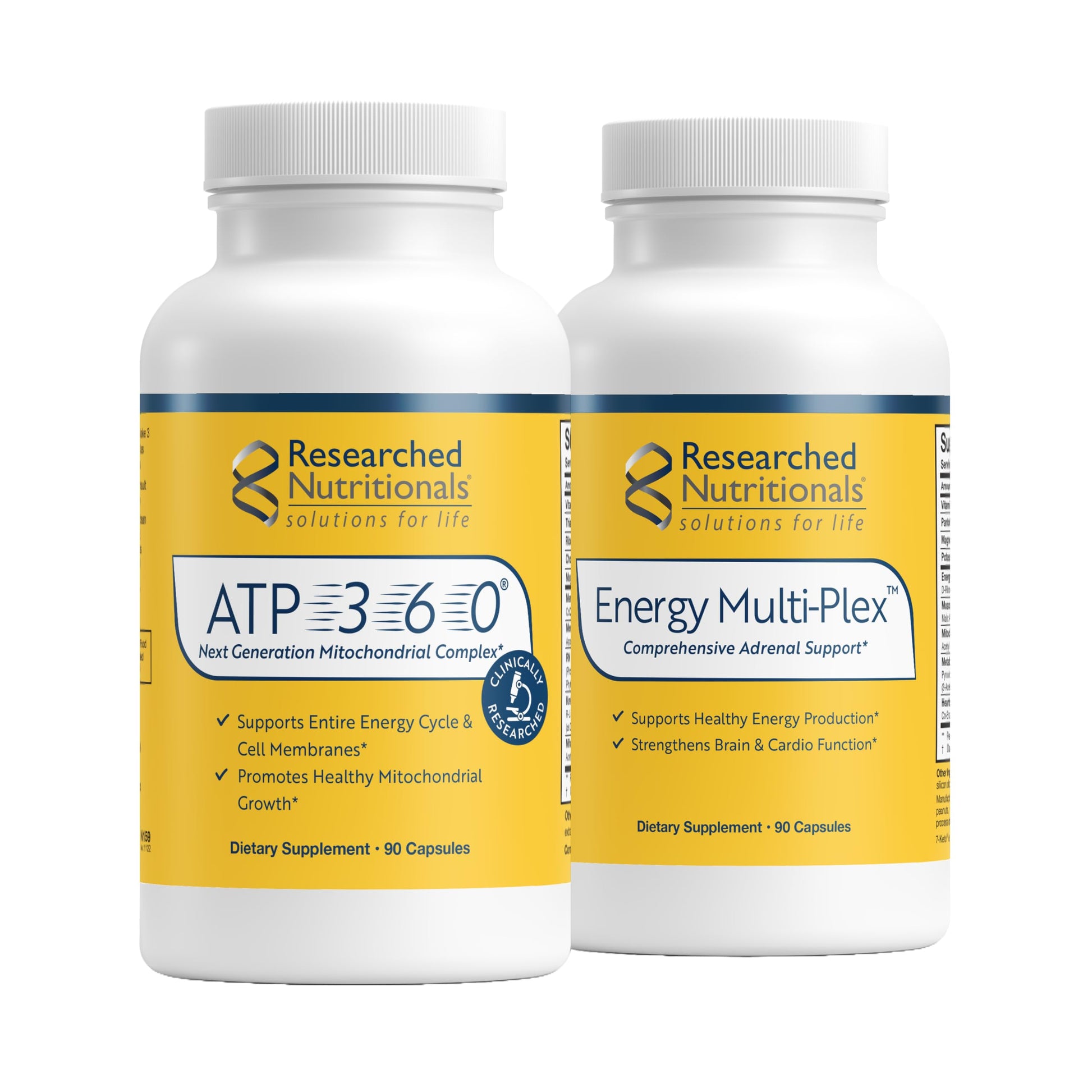 Two bottles of Researched Nutritionals supplements on a white background