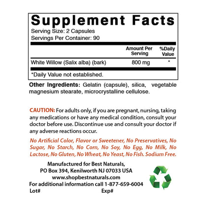 Best Naturals White Willow Bark 400 mg 180 Capsules (180 Count (Pack of 3)) Best NaturalsBuy Supplements Australia