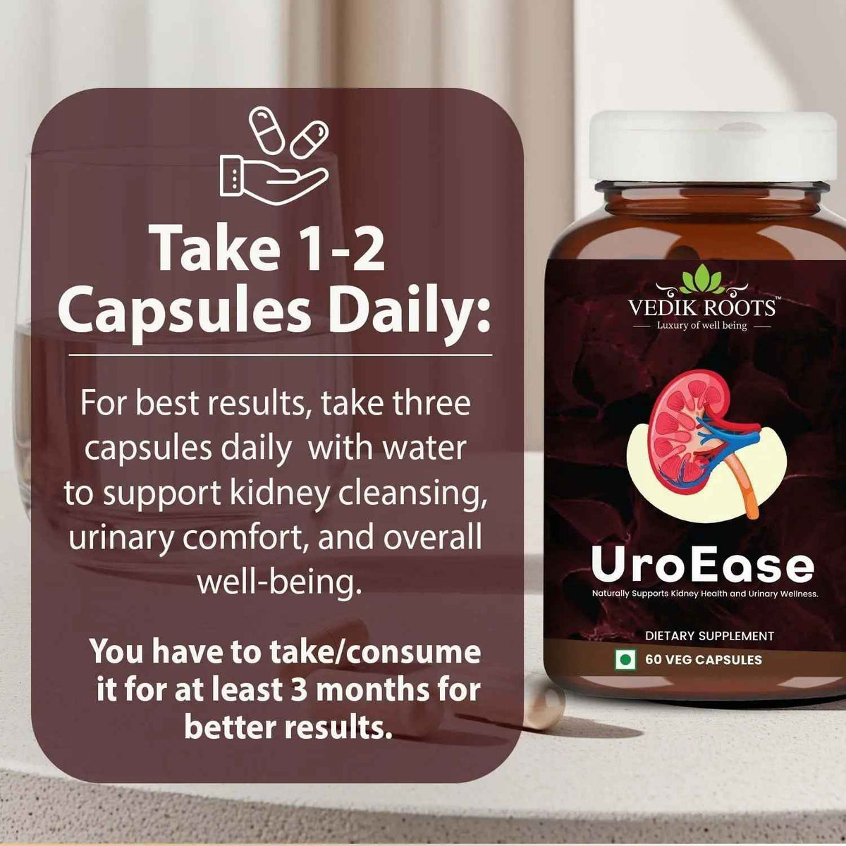 VEDIKROOTS UroEase | Ayurvedic Herbal Supplement for Kidney Health & Uric Acid Levels | Supports Urinary Tract Health | 60 Veg Capsules