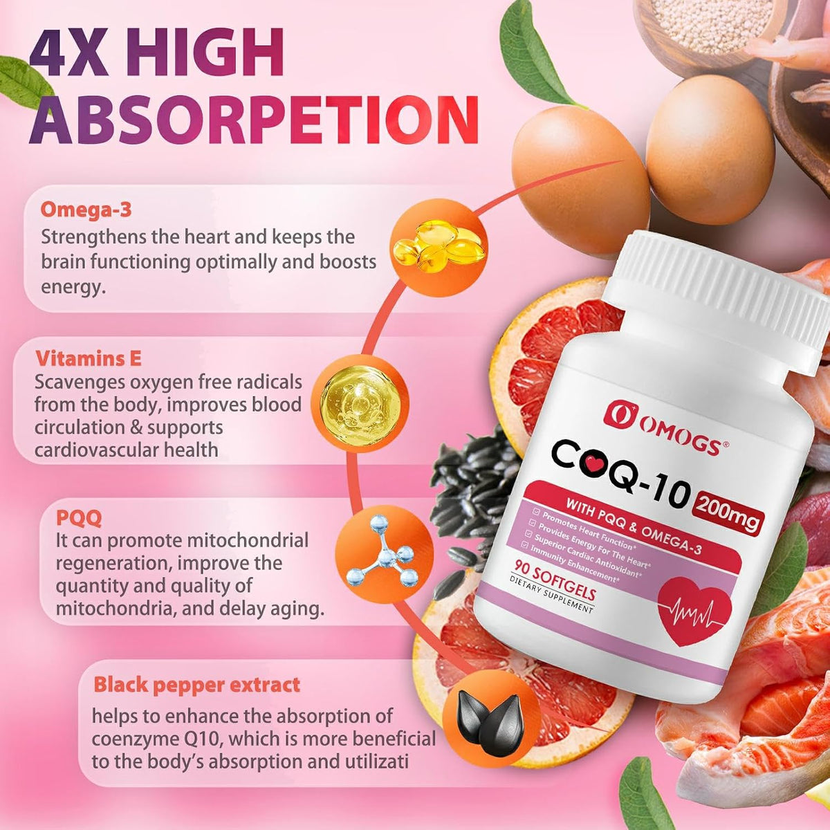 OMOGS CoQ10 200mg Softgels, Coenzyme Q10 High Absorption Supplements Support Heart Health, Cardiovascular Health, Immune System & Cellular Energy Production, Gluten Free, 90 Softgels