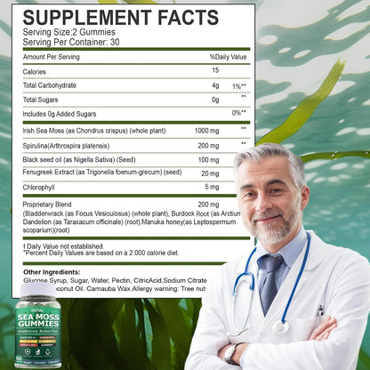 Irish Sea Moss Gummies 3000mg with Bladderwrack, 60 Count | Daily Wellness, Mineral Support, Bladderwrack, Burdock Root, Manuka Honey, 105+ Trace Minerals, Sugar Free, Vegan