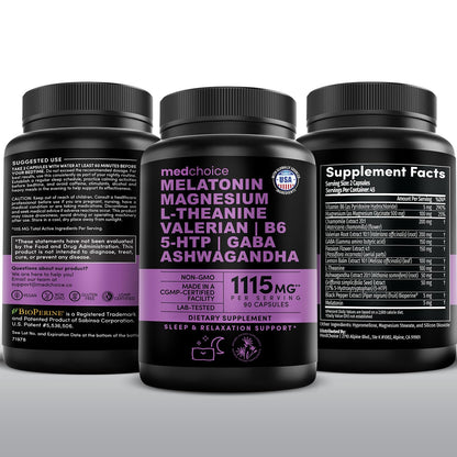 12-in-1 Melatonin Sleep Capsules - Natural Sleep Aids for Adults with Melatonin 5mg and Magnesium Glycinate 500mg, Sleep Aid with Ashwagandha, L Theanine, Valerian Root, GABA, 5-HTP (90ct, Pack of 1) MEDCHOICEBuy Supplements Australia