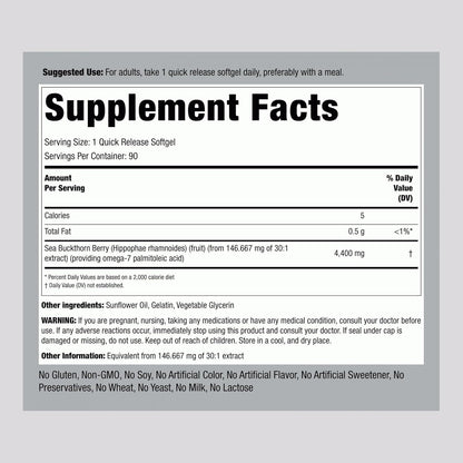Piping Rock Sea Buckthorn Oil Capsules | 90 Softgels | Sea Buckthorn Berry Extract | With Omega-7 | Gluten Free, Non-GMO