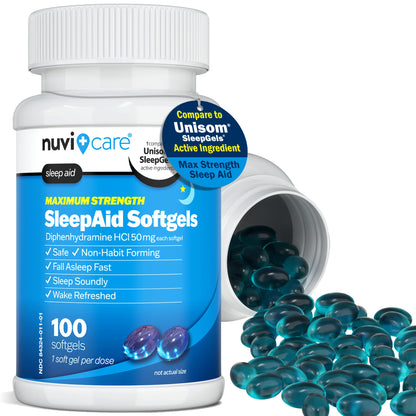 NUVICARE Maximum Strength SleepAid Soft Gels - Nighttime Sleep Aid with Diphenhydramine HCl 50mg - Non Habit Forming Sleeping Pills for Adults - Extra Strong OTC Sleep Aids for Adults (100 Count) NUVICARE buy supplements Au