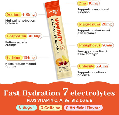 Venture Pal Sugar Free Hydration Packets+Immune-Liquid Daily IV Drink Mix | Electrolyte Powder with 7 Electrolytes & 6 Vitamins, Probiotics + Elderberry | Non-GMO, Keto Friendly, Vegan | 16 Sticks
