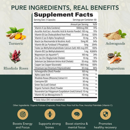 Multivitamin for Men with Vitamin D, K2, Zinc, Vitamin B12, A, E, B6, Calcium – Immune Health & Energy Support Daily Mens Multivitamins Elements of LIfe