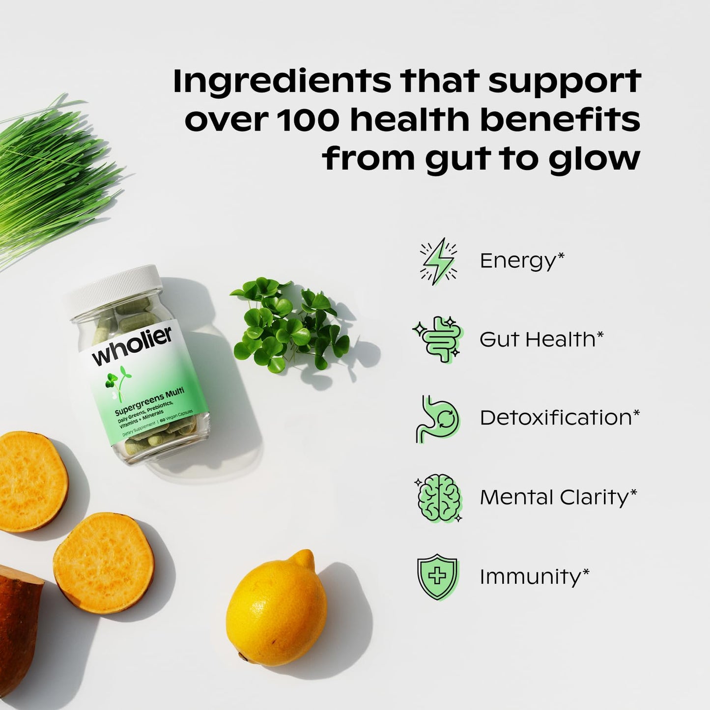wholier Supergreens Multi, Daily Greens, Vegan Multivitamin for Women + Men, Whole Food Vitamins + Minerals, Prebiotics for Gut Health, Adaptogens (60 Vegan Capsules) Glass Bottle wholier buy supplements Au