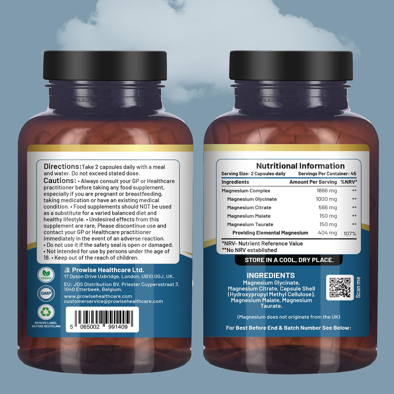 Magnesium Glycinate Complex 4 in 1-1866mg per Serving | Precise 404mg Elemental Magnesium dose | Added Magnesium Glycinate, Citrate, Malate & Taurate | 90 Vegan Capsules - by Prowise PH PROWISE Healthcare buy supplements Au
