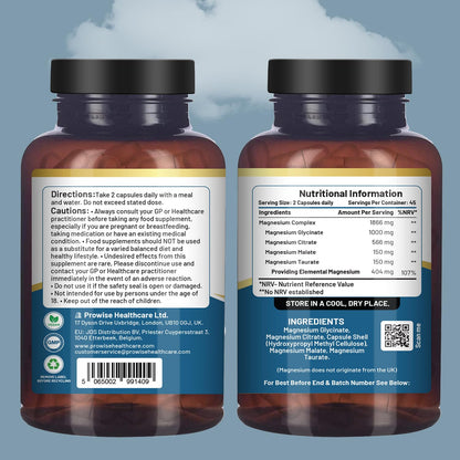 Magnesium Glycinate Complex 4 in 1-1866mg per Serving | Precise 404mg Elemental Magnesium dose | Added Magnesium Glycinate, Citrate, Malate & Taurate | 90 Vegan Capsules - by Prowise PH PROWISE Healthcare buy supplements Au
