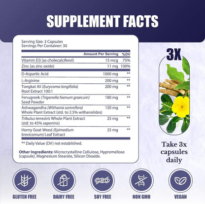 T-Forge | Supplements for Men | Male Energy Support | Tongkat Ali, Folic Acid, L-Arginine, Tribulus Terrestris, Ashwagandha, Fenugreek. 30 Days Supply. 90 Capsules