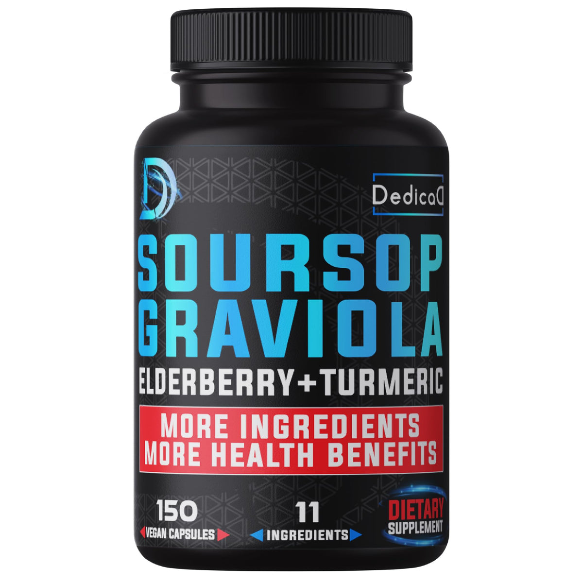 Black supplement bottle labeled 'Soursop Graviola' with colorful text on a white background