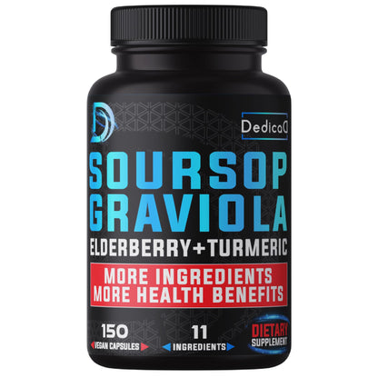 Black supplement bottle labeled 'Soursop Graviola' with colorful text on a white background