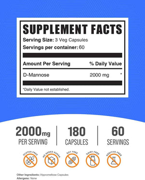 BulkSupplements.com D-Mannose Capsules - D-Mannose Supplement, for Urinary Tract Support - Vegan & Gluten Free, 3 Capsules per Serving (2000mg), 180 Count (Pack of 1)