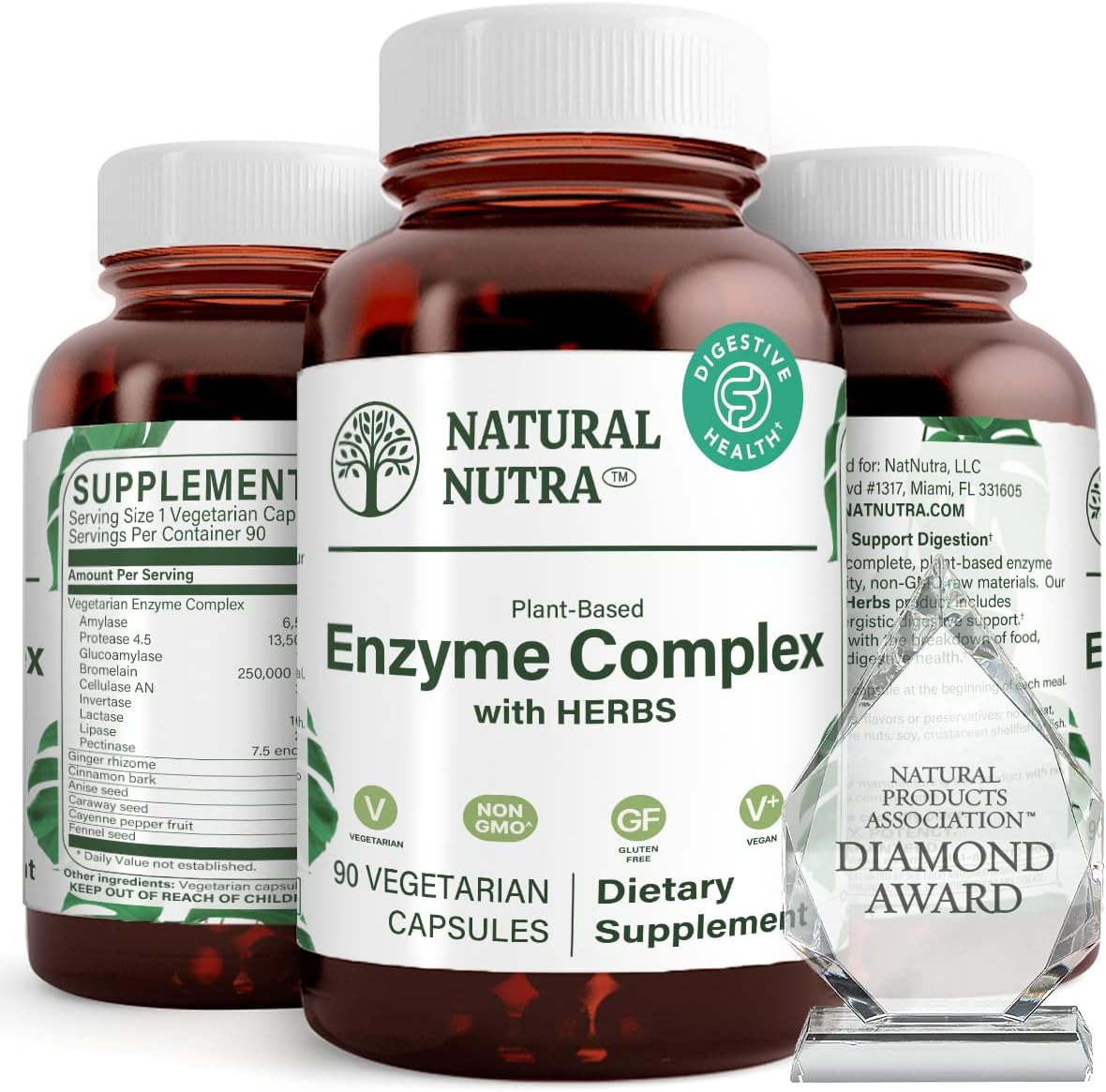 Natural Nutra Plant-Based Digestive Enzyme Complex, 90 Count | Herbal Ingredients, Ginger, Fennel & Cinnamon, Vegan Capsules