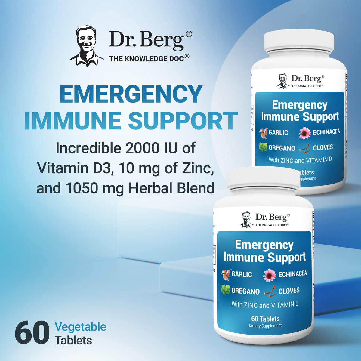 Dr. Berg Emergency Immune Support w/Echinacea - Potent Blend of Herbal Extracts (Warning: Strong Herbal Smells) - Immune Support Supplement Includes 2,000 IUs of Vitamin D & 10mg of Zinc - 60 Tablets