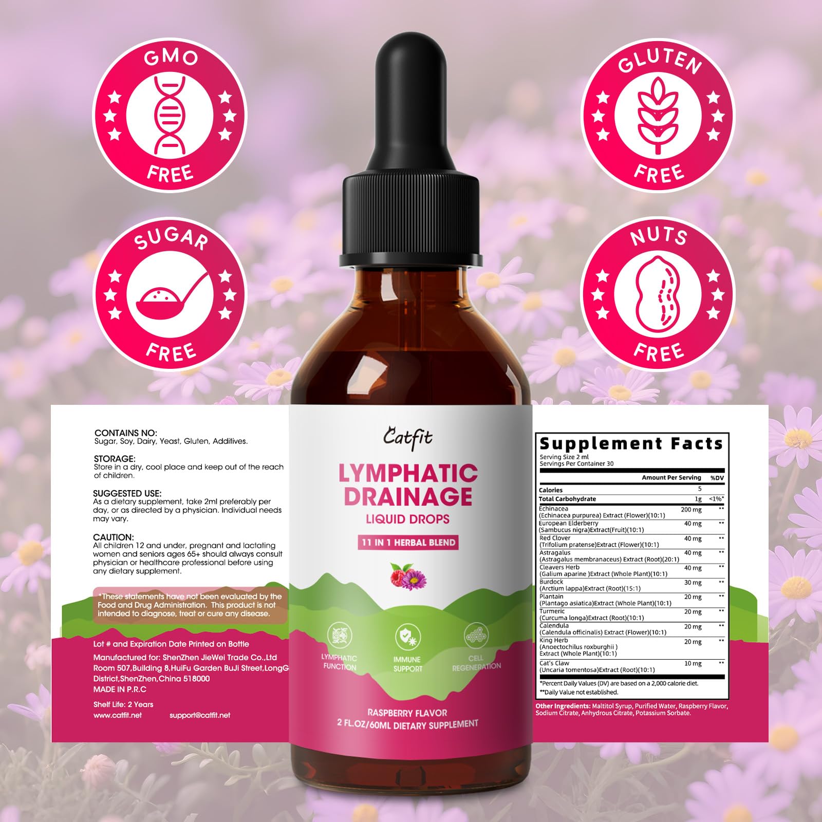Lymphatic Drainage Supplements Drops for Immune, Lymph System Support, Cleanse & Detox, Liver Health with Echinacea,Elderberry,Cleavers Herb,Burdock, Calendula, Non-GMO, Raspberry Flavor, 2 Fl Oz Catfit buy supplements Au
