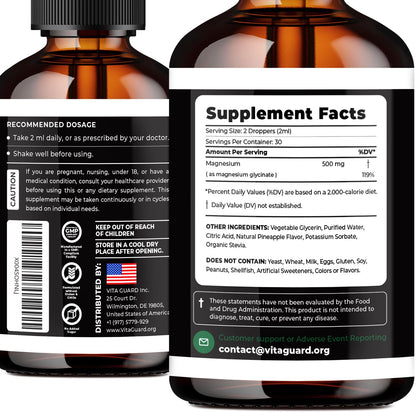 Magnesium Glycinate 500mg Liquid Drops – Sugar-Free Magnesium Supplement, Vegan Formula, 60 mL Flavor Pineapple Vita GuardBuy Supplements Australia