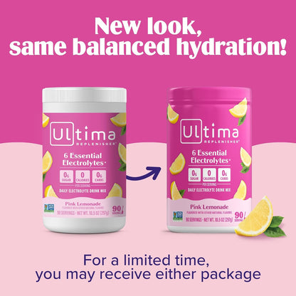 Ultima Replenisher Electrolyte Powder Drink Mix Bundle – Sugar Free – Lemonade and Pink Lemonade, 90 Servings– Hydration Powder - 6 Key Electrolytes and Trace Minerals – Keto Friendly, Non-GMO