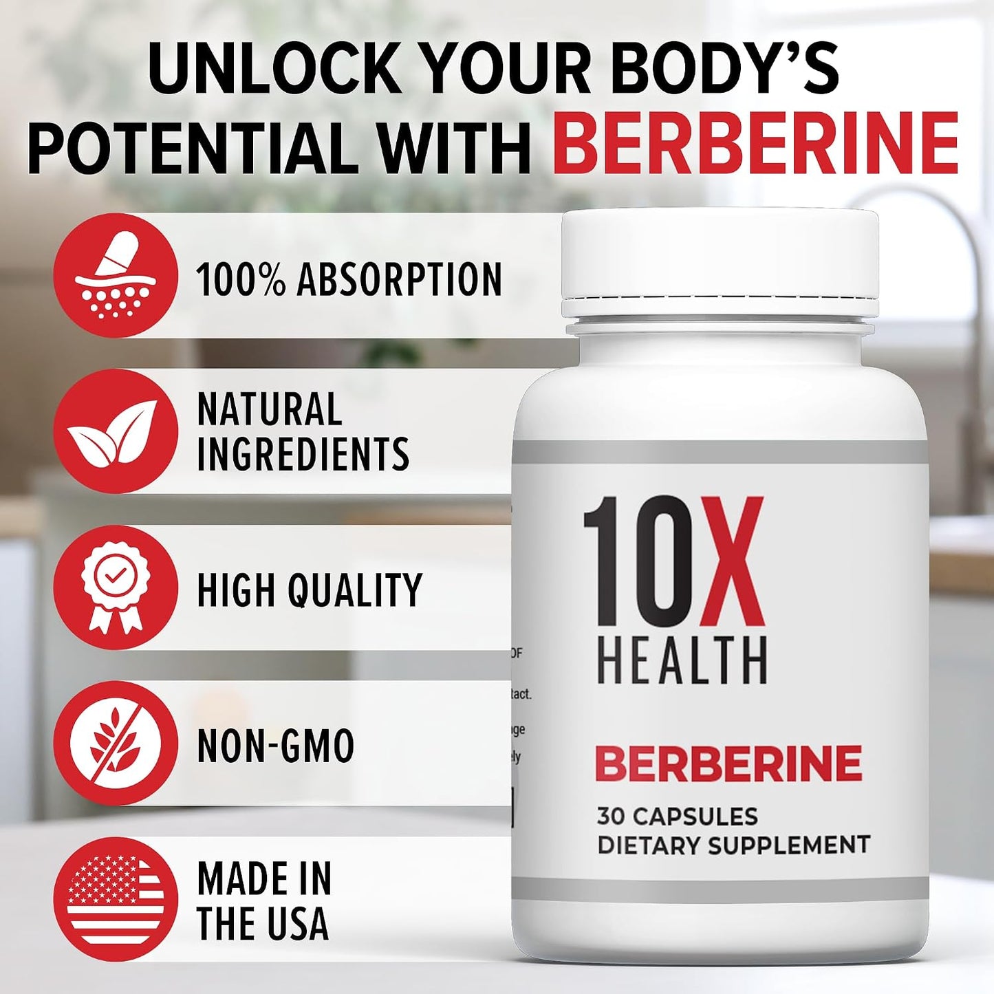 10X Health Berberine - 500mg, 30 Capsules | Dihydroberberine: 500mg for Better Absorption, Cardiovascular & Gut Health Support