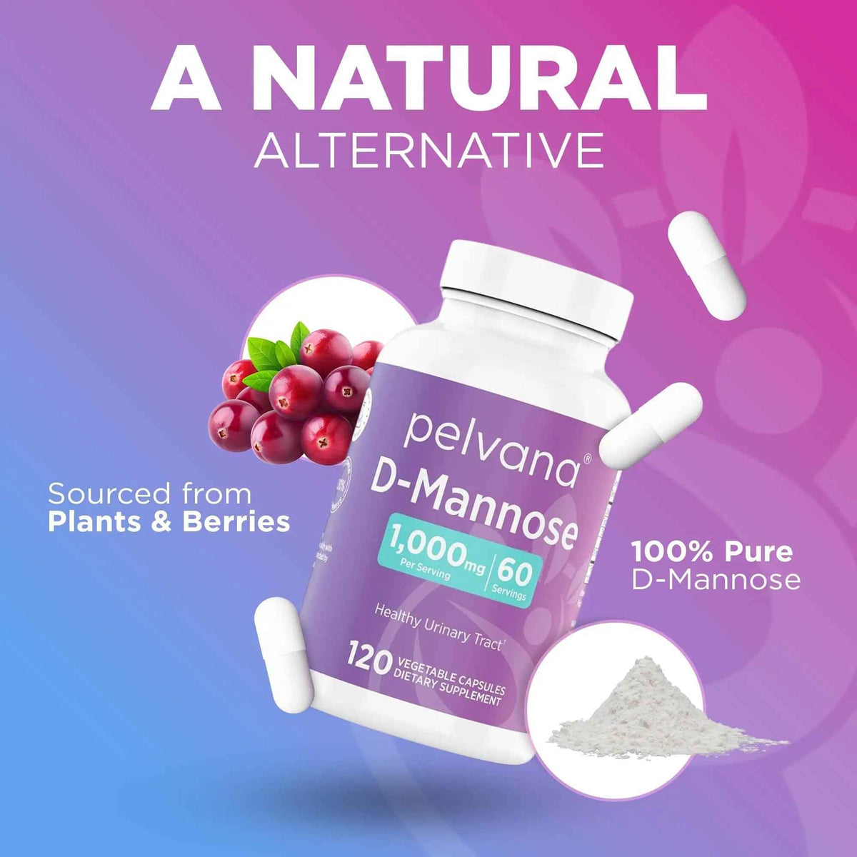 Pelvana D-Mannose 120 Capsules (500mg Each) – 1000mg per Serving – Assists & Maintains Healthy Urinary Tract, Flushes Impurities, Pure Ingredients, Gluten-Free – Third-Party Lab Tested, Made in USA