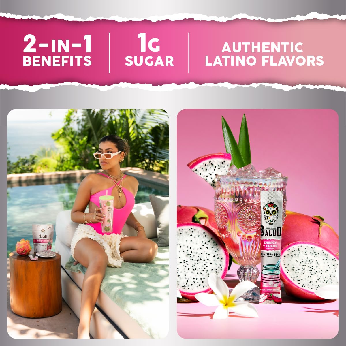 Salud 2-in-1 Energy + Focus Drink Mix, Hibiscus | Organic Caffeine, B6 + B12, Theanine, Clean Energy Packets, Agua Fresca Mix, Non-GMO, Gluten Free, 1g of Sugar (15 Servings)