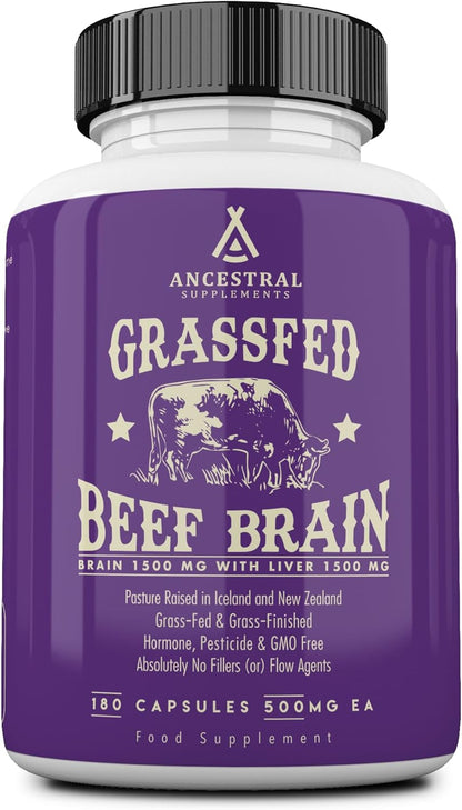 Ancestral Supplements Grass Fed Beef Brain Supplement with Liver, 180 Ct | Whole food brain and liver health formula supports brain function, mood and memory. Grass fed, non-GMO.