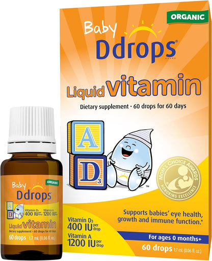 Ddrops® Baby Organic Liquid Vitamins A&D Drops for Infants, 60 Drops. Supports Babies’ Eye Health, Bone Development and Immune Function. Certified Organic, Non-GMOs, Allergy-Friendly