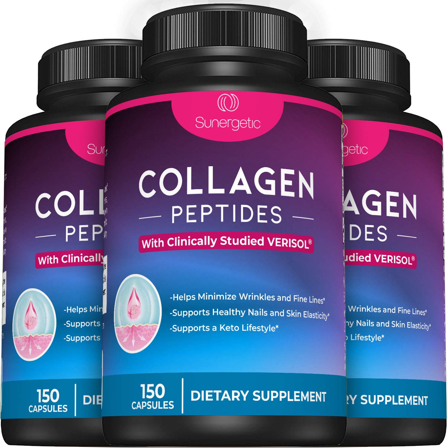 Sunergetic Premium Collagen Peptides Capsules – 2500 mg of VERISOL Collagen Peptides Type 1 & Type 3 – Multi Collagen Supplement to Support Joint Health, Hair, Skin & Nails – 150 Collagen Capsules Sunergetic buy supplements Au