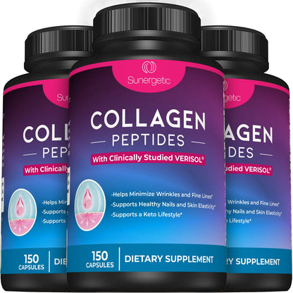 Sunergetic Premium Collagen Peptides Capsules – 2500 mg of VERISOL Collagen Peptides Type 1 & Type 3 – Multi Collagen Supplement to Support Joint Health, Hair, Skin & Nails – 150 Collagen Capsules Sunergetic buy supplements Au