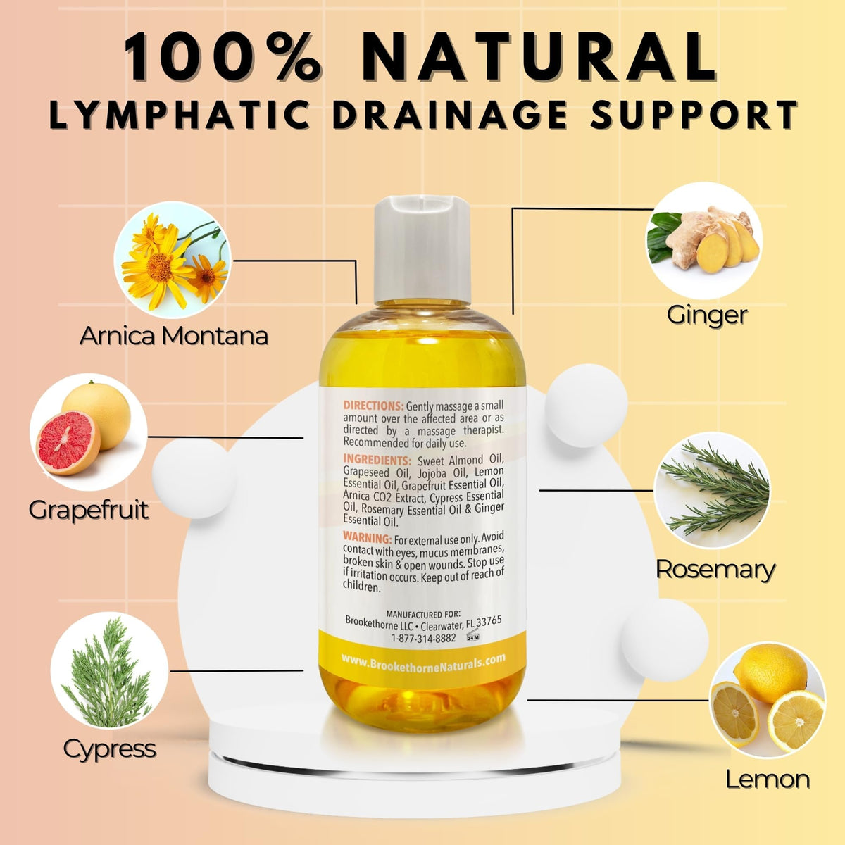 Lymphatic Massage Oil for Massage Therapy | 100% Natural Lymphatic Drainage Oil | Premium Quality with Arnica, Lemon & Ginger | for Post Surgery Recovery & Detox | 8oz by Brookethorne Naturals Brookethorne Naturals buy supplements Au