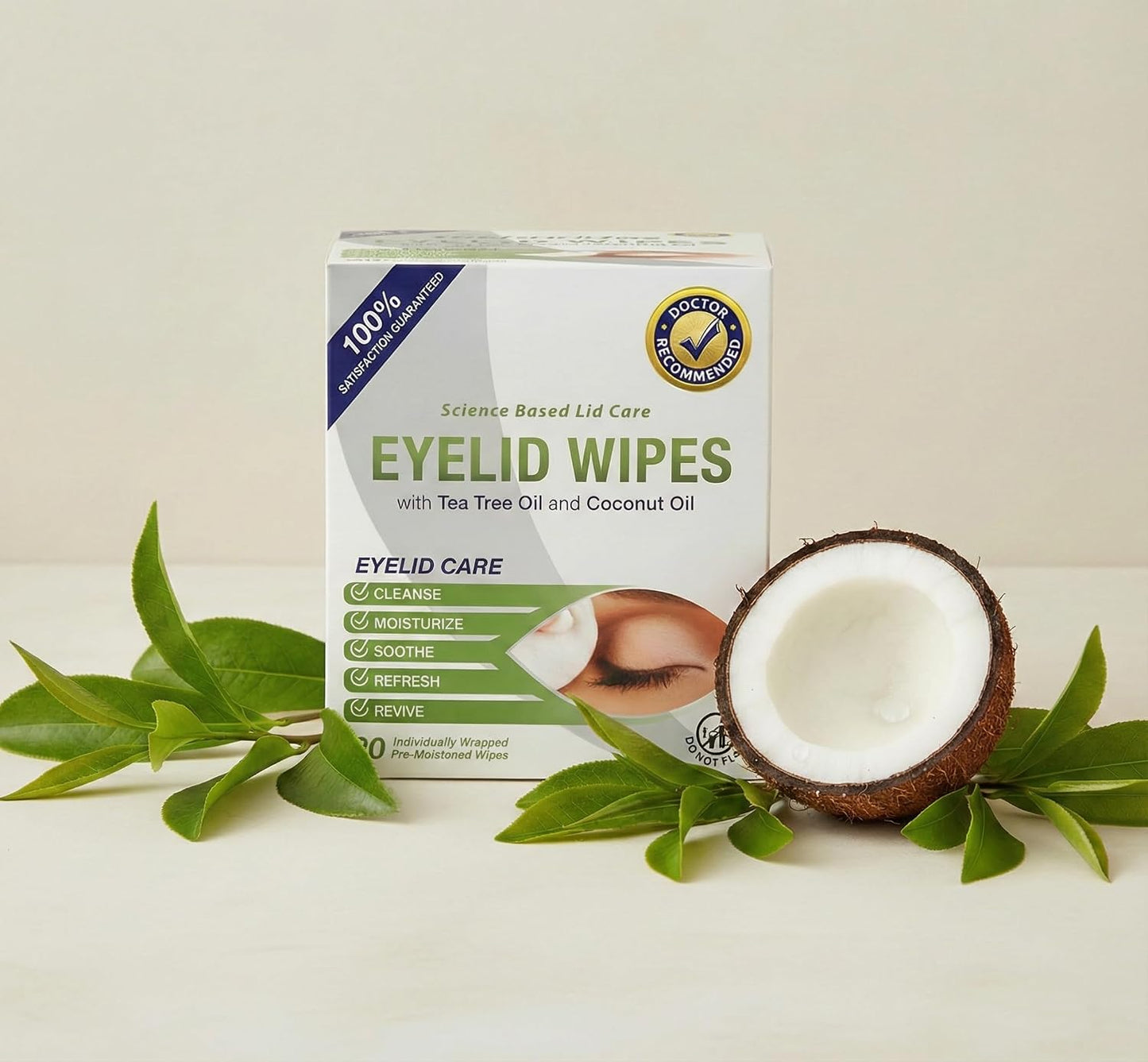 Lunovus Premium Eyelid Wipes With Tea Tree and Coconut Oil - Cleansing Wipes for People Itchy Eyes - Individually Wrapped - Box Of 30 Natural Eye Wipes