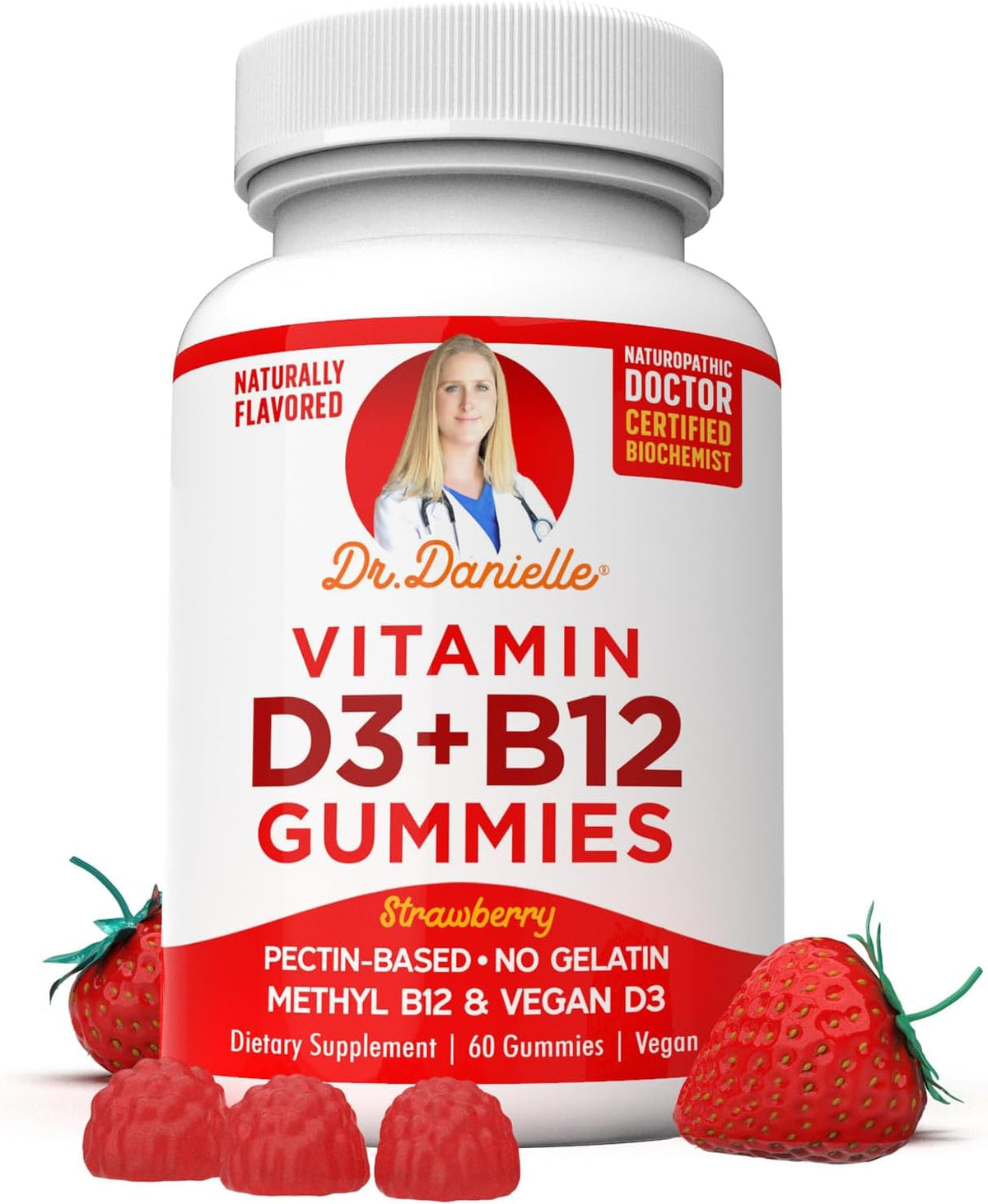 Vitamin D3, B12 Gummies by Dr. Danielle, Vegan Daily Supplement for Adults & Kids, Non-GMO, Vitamin D3 1000 IU & 250 mcg Vitamin B12, 2 Month Supply (60 Gummies)