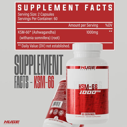 Huge Supplements KSM-66 Ashwaghanda, High Potency 5% Withanolides, 1000mg of Clinically Studied KSM66 (120 Capsules)