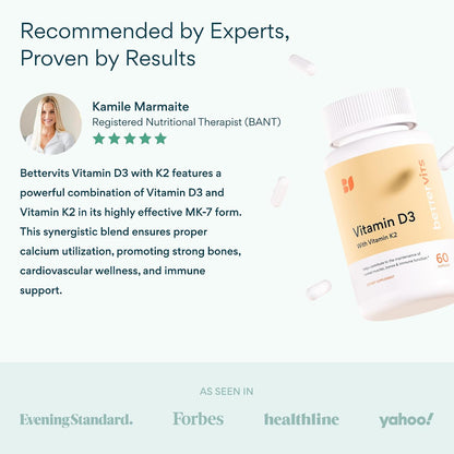 Bettervits Vitamin D3 5000 IU for Women and Men | with High Strength K2 Vitamins for Immune Support and Bone Health | Vitamin D Supplements with Calcium Absorption | 60 Vegetarian Capsules