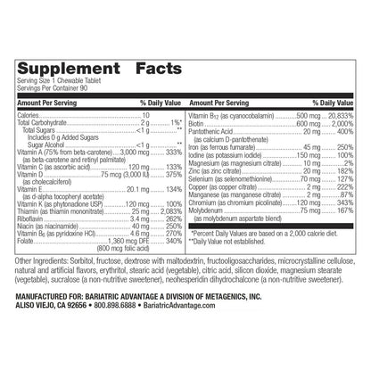 Bariatric Advantage Chewable Ultra Solo with Iron - Once-Per-Day Daily Multivitamin - for Bariatric Surgery Patients - Thiamin, Vitamin A & More Bariatric Advantage