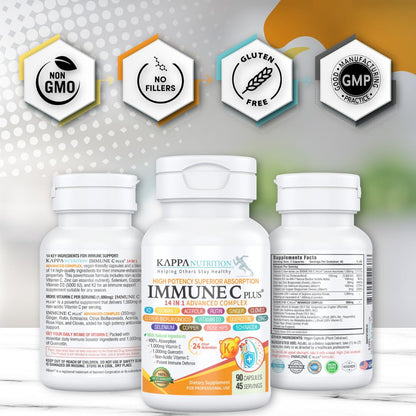 Quercetin 1,000mg, Vitamin C 1,000mg, Zinc 50mg, Vitamin D3 5,000iu, Selenium, Copper, Acerola, Ginger, Rutin, Bitter Orange, Rose Hips, Echinacea, Immune C Plus, 14 in 1 Immune C Plus (90 Count) KAPPA NUTRITIONBuy Supplements Australia
