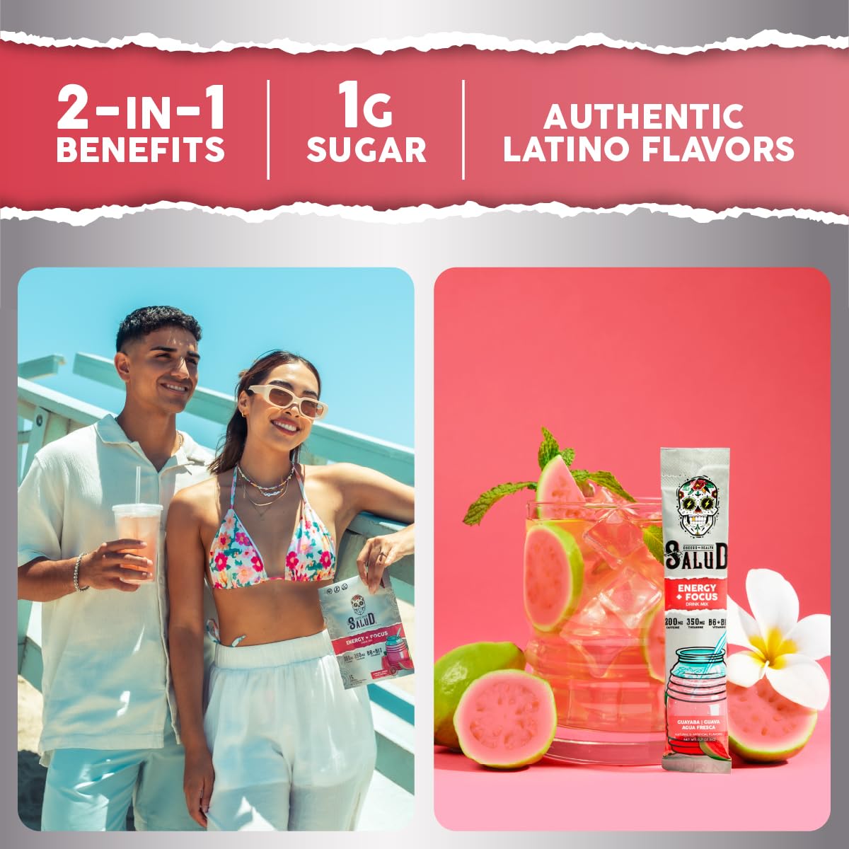 Salud 2-in-1 Energy + Focus Drink Mix, Hibiscus | Organic Caffeine, B6 + B12, Theanine, Clean Energy Packets, Agua Fresca Mix, Non-GMO, Gluten Free, 1g of Sugar (15 Servings)