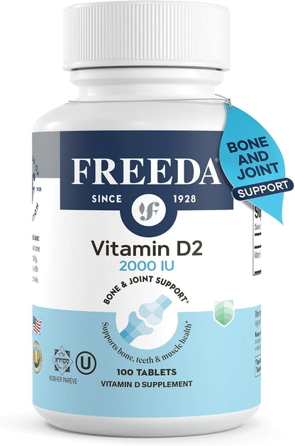 FREEDA Vitamin D2 2000 IU for Bone & Immune Support – Vegan, 100 Tablets | Supports Bone, Teeth & Muscle Function, Tiny Easy-to-Swallow Tablets, Ergocalciferol Supplement, Kosher, Made in USA