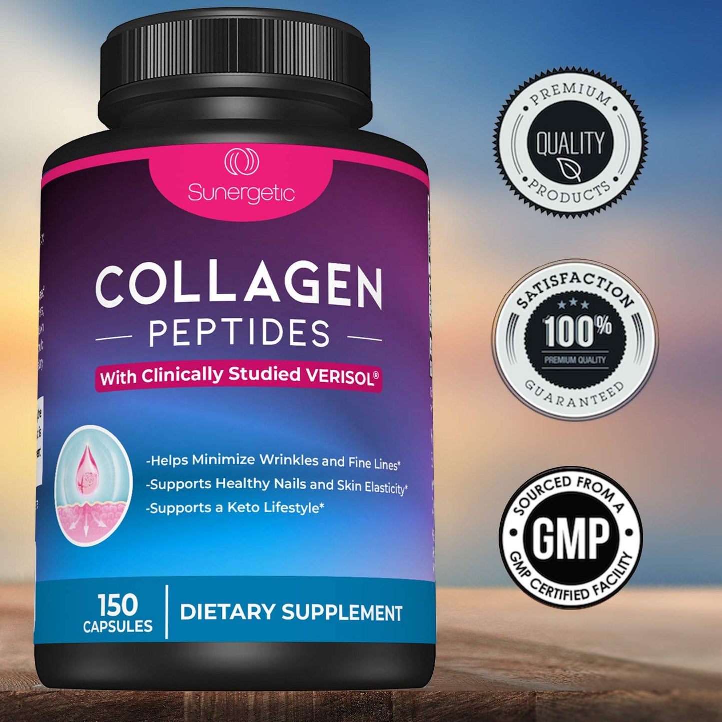 Sunergetic Premium Collagen Peptides Capsules – 2500 mg of VERISOL Collagen Peptides Type 1 & Type 3 – Multi Collagen Supplement to Support Joint Health, Hair, Skin & Nails – 150 Collagen Capsules Sunergetic buy supplements Au