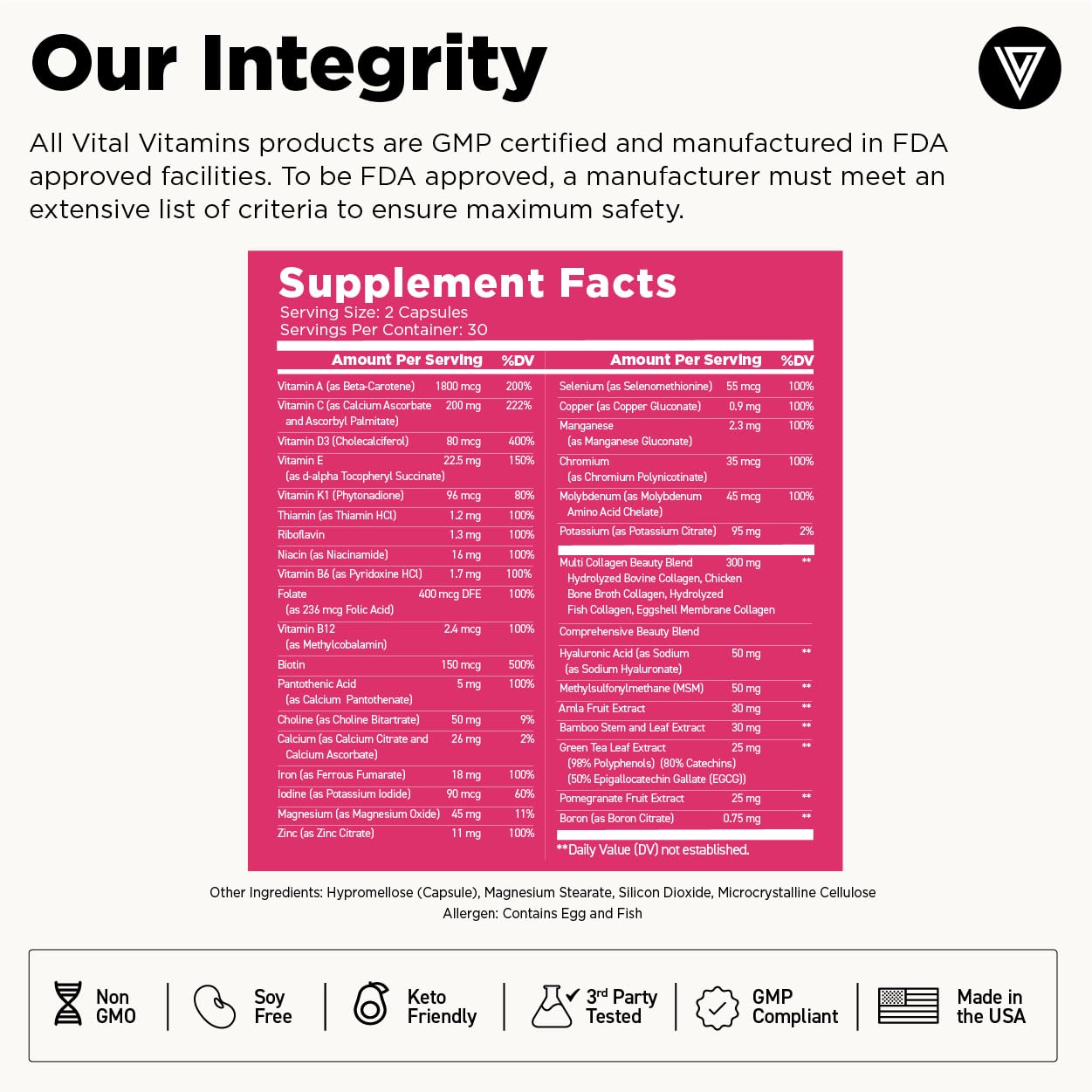 Vital Vitamins Women's Multivitamin Complex - Made with Multi-Collagen Blend, Hyaluronic Acid, & MSM - Beauty Multivitamins - with Vitamin A, C, E, B6, B12, D3-60 Capsules Vital Vitamins buy supplements Au