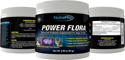 Power Flora - Probiotics for Dogs and Cats with 9 Live Strains - Dog Probiotics Improves Dog Breath, UTI, Diarrhea, Constipation, Skin Allergy, Hot Spots - Odorless Powder - 350 Billion CFU/jar