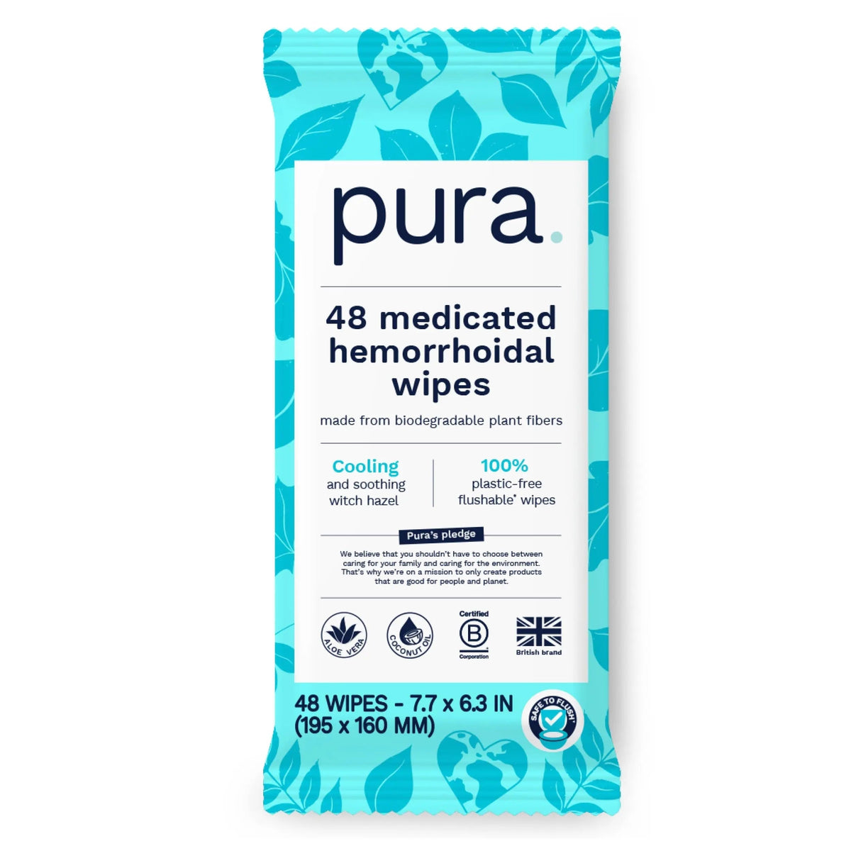 Pura Flushable Hemorrhoid Wipes XL, 48 Count, Medicated with Cooling Witch Hazel, Aloe & Coconut Oil, Fast Relief, Fragrance-Free, 100% Plastic-Free PuraBuy Supplements Australia