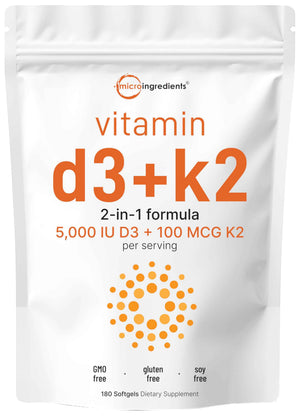 Micro Ingredients Vitamin D3 + K2 MK-7 5,000 IU Per Serving, 300 Softgels | K2 100 mcg Per Serving, D3 & K2 Vitamin Supplement for Women & Men. Easy-to-Swallow, Non-GMO, Gluten Free.