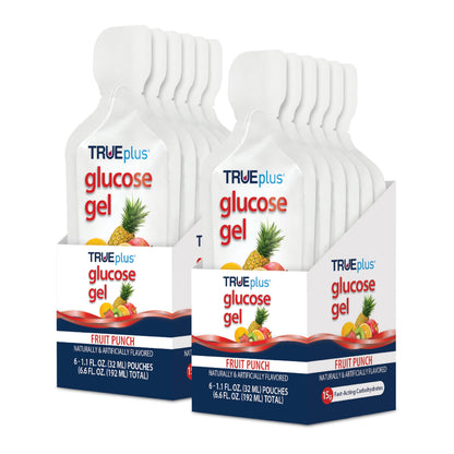 TRUEplus Glucose Gel Pouch, 15g Carbohydrates, Fruit Punch Flavor, 6 Pack | 15g Fast-Acting Carbohydrates Per Serving, Fat Free, Gluten Free, Boosts Energy, Great Tasting and Easy to Use